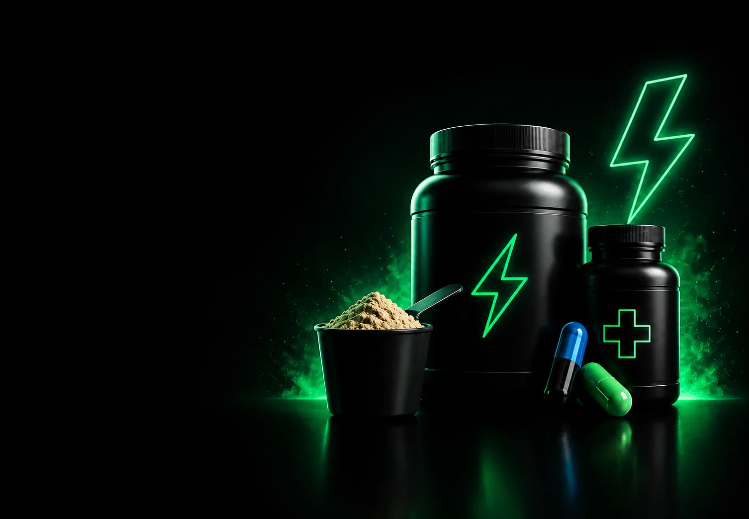 Suplementos — pote whey, frasco vitamina e cápsulas